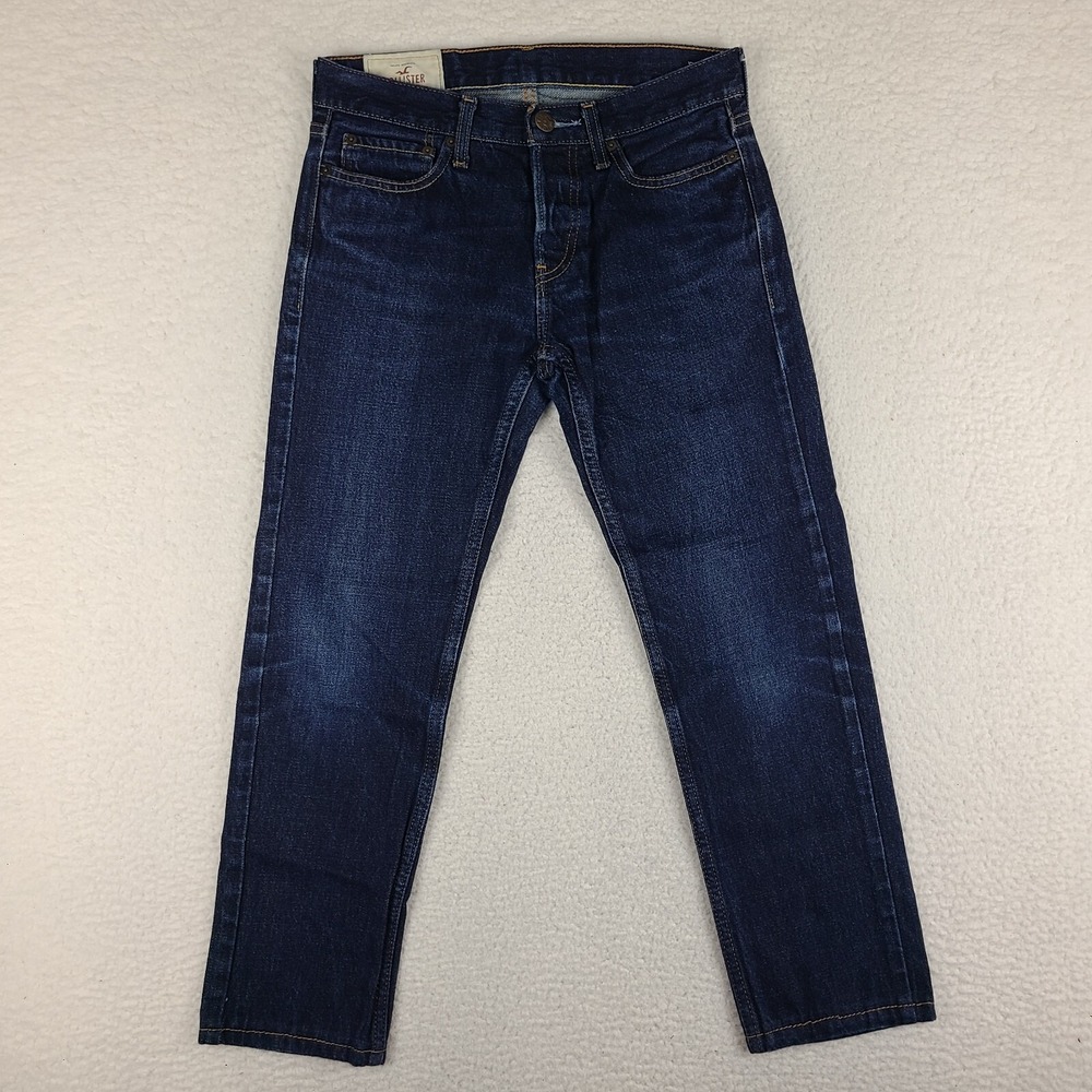 Hollister Jeans Mens 28x26 Blue Slim Straight Button Fly Dark Wash‎ Denim HEMMED